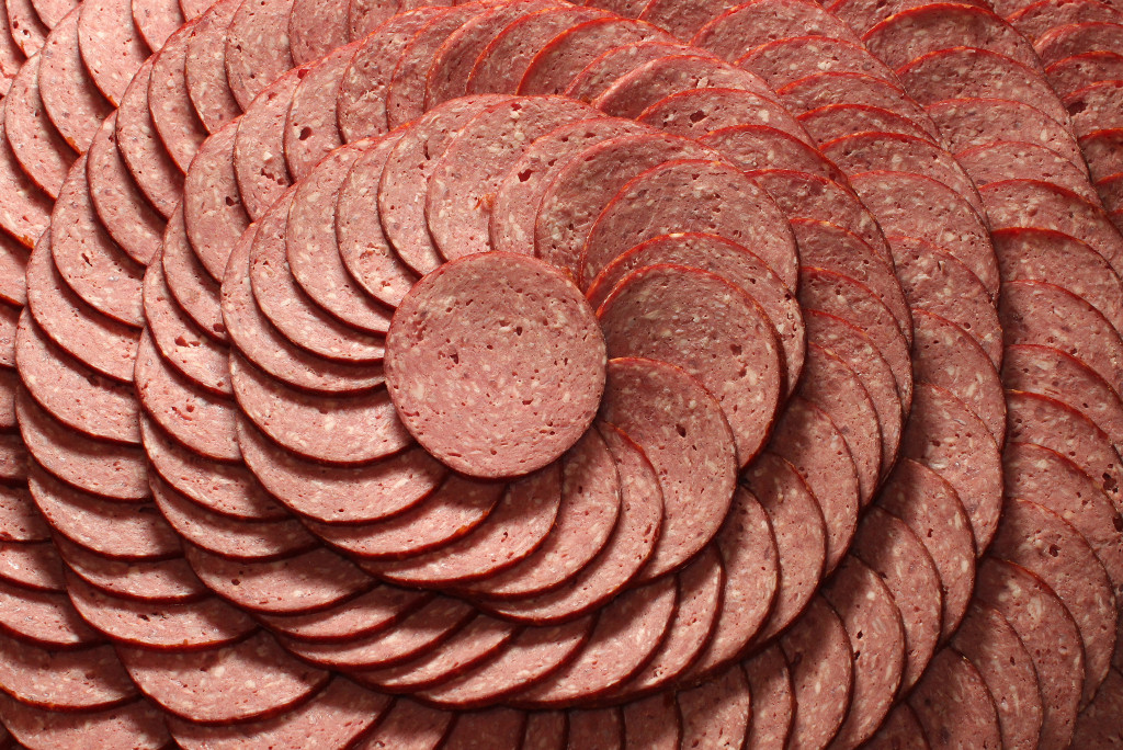 Summer sausage arranged on a plate.