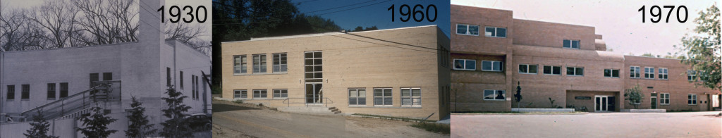 Three side-by-side pictures show the meat lab at UW-Madison in 1930, 1960, and 1970. Starting at one story, the lab had grown to two stories by 1960 and three stories by 1970.