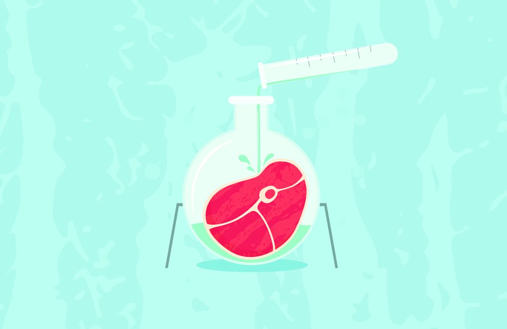A computer-generated graphic showing a test tube pouring a liquid into a piece of glassware containing a steak.