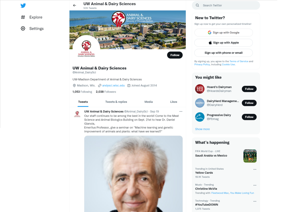 A preview of the Animal & Dairy Sciences Twitter account shows the department's logo, an aerial photo of campus, and a recent post.