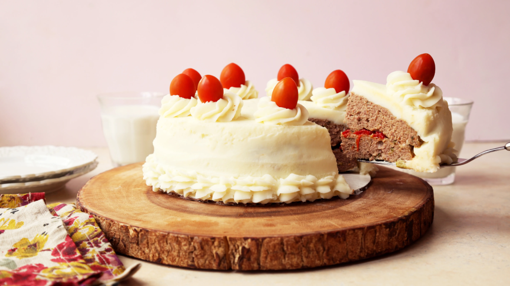 A photo of an April Fool's meatloaf "cake" from Jonathan Melendez.