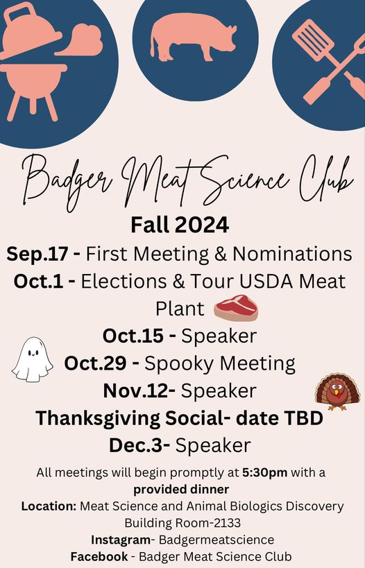Flyer detailing upcoming meetings for the Badger Meat Science Club.